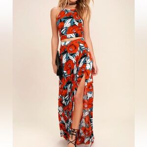 Lulu’s Back to Your Roots Red Floral Print Two-Piece Maxi Dress